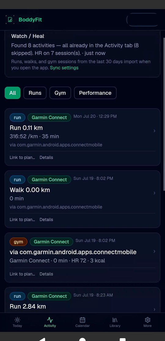 Activities list with Garmin Connect tags and link to plan