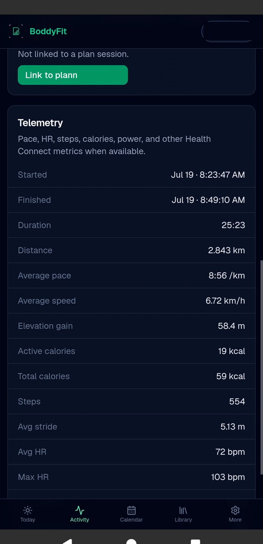 Activity detail metrics including pace HR steps calories