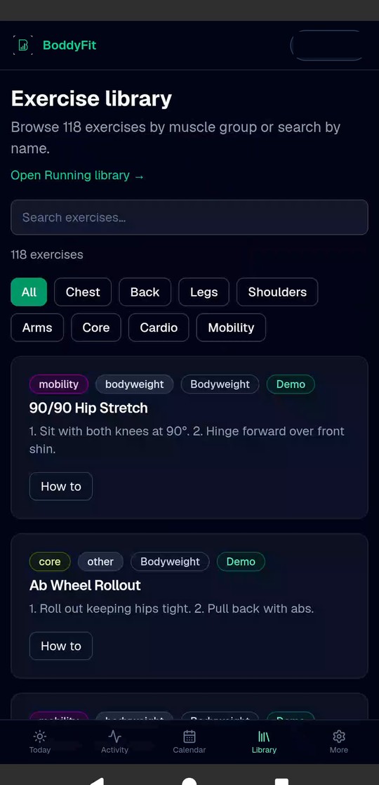 Exercise library with 118 exercises and muscle filters