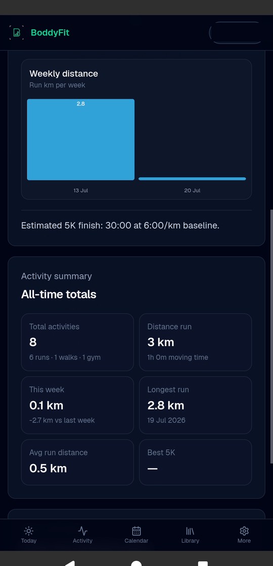 Stats screen with weekly distance chart and activity summary totals
