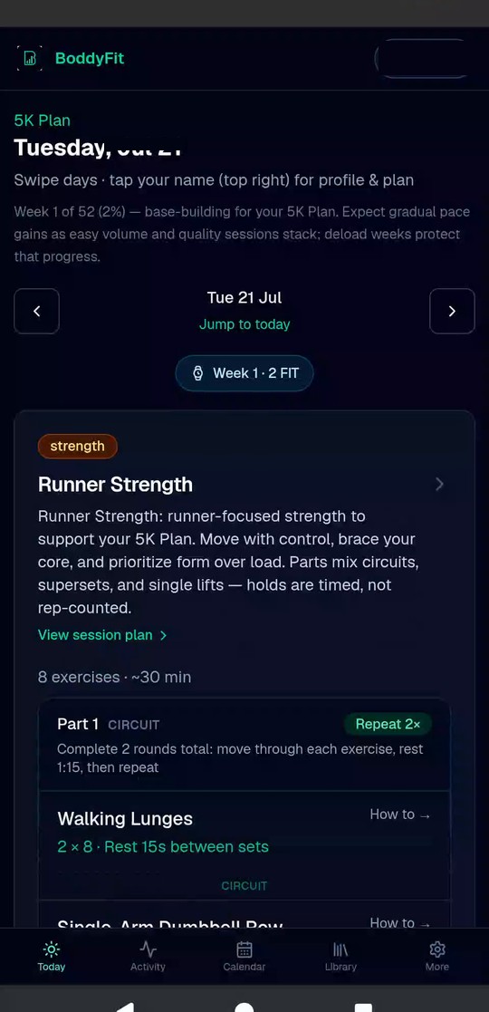 BoddyFit Today screen showing 5K plan progress and Easy Run session
